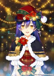 1girl bell blue_hair capelet christmas christmas_ornaments christmas_tree cross female_focus flower fur_trim hair_between_eyes hat long_hair looking_at_viewer love_live! love_live!_school_idol_festival love_live!_school_idol_project open_mouth plaid santa_hat smile solo sonoda_umi striped trianon twitter_username yellow_eyes