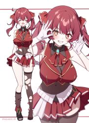 Rule 34 | + +, 1girl, absurdres, ascot, asymmetrical legwear, bare shoulders, black choker, blush, breasts, brown leotard, brown thighhighs, choker, closed eyes, collarbone, covered navel, crying, fang, frilled choker, frills, gloves, grin, hair ribbon, heterochromia, highres, hololive, houshou marine, houshou marine (1st costume), large breasts, leotard, long hair, looking at viewer, multiple views, ok sign, open mouth, red ascot, red eyes, red hair, red ribbon, red skirt, red vest, ribbon, skirt, smile, solo focus, taiyaki12, teeth, thighhighs, thighs, torn ascot, torn clothes, torn gloves, torn leotard, torn skirt, torn thighhighs, torn vest, twintails, twitter username, uneven legwear, vest, virtual youtuber, white background, white gloves, yellow eyes