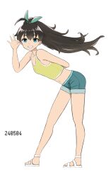 1girl absurdres ahoge antenna_hair aqua_eyes arm_behind_back armpits artist_request bare_shoulders bent_over black_hair bow clenched_teeth collarbone denim denim_shorts eyelashes fang feet female_focus floating_hair full_body ganaha_hibiki hair_between_eyes hair_bow hair_ornament hand_up happy high_ponytail highres idolmaster idolmaster_(classic) legs long_hair looking_at_viewer midriff namco navel neck ok_sign ponytail sandals shirt short_shorts shorts sidelocks simple_background sleeveless sleeveless_shirt smile standing tank_top teeth thighs toes turning_head white_background white_footwear wide_ponytail