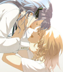 Rule 34 | 2girls, bang dream!, bang dream! it&#039;s mygo!!!!!, blonde hair, blue hair, chinese commentary, closed eyes, commentary request, green ribbon, hair ribbon, hand in another&#039;s hair, long hair, long sleeves, medium hair, misumi uika, multiple girls, open mouth, rhapsode, ribbon, shirt, short sleeves, simple background, smile, togawa sakiko, white background, white shirt, yuri
