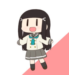 Rule 34 | 1girl, black eyes, black hair, buttons, chibi, green neckerchief, green necktie, grey sailor collar, grey skirt, hair ornament, kurosawa dia, loafers, long hair, long sleeves, love live!, love live! sunshine!!, miyako hito, mole, neckerchief, necktie, pleated skirt, red background, sailor collar, school uniform, serafuku, shoes, simple background, skirt, socks, solo, uranohoshi school uniform, white background, winter uniform