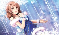 Rule 34 | 1girl, blue dress, border, braid, breasts, brown eyes, commentary request, crown braid, dress, dutch angle, fur-trimmed dress, fur trim, hojo karen, idolmaster, idolmaster cinderella girls, kiki (koikuchikinako), medium breasts, off-shoulder dress, off shoulder, open mouth, profile, smile, snowflake background, solo, upper body, wrist cuffs