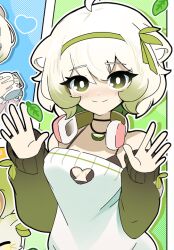 1boy 1girl ahoge animal_ears bare_shoulders black_bra blush bob_cut bra bra_strap breasts cleavage cleavage_cutout clothing_cutout cropped cup ferret ferret_ears ferret_girl food fruit gradient_hair green_hair green_sweater hair_between_eyes hairband hands_up headphones headphones_around_neck heart heikevbo holding holding_cup indie_virtual_youtuber laimu_(vtuber) leaf light_smile lime_(fruit) lime_necklace lime_slice limon_(laimu) medium_breasts mug multicolored_hair short_hair sleeves_past_wrists smile sweater two-tone_hair underwear vinesauce virtual_youtuber waving white_hair white_sweater