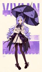 1girl absurdres ahoge animal_print bird_print black_bow black_bowtie black_shoes black_skirt bow bowtie character_name dated dress drill_hair frilled_dress frills full_body gem hair_bow hairband high_heels highres holding holding_umbrella light_blush long_hair looking_at_viewer mole mole_under_eye multicolored_hair multicolored_umbrella pantyhose pointy_ears purple_gemstone purple_hair purple_hairband red_eyes rnna shoes signature skirt solo streaked_hair twin_drills umbrella vivian_(zenless_zone_zero) white_background white_dress white_hair zenless_zone_zero