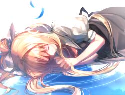 Rule 34 | 1girl, air (visual novel), ascot, black dress, blonde hair, closed eyes, dekatanaba, dress, falling feathers, feathers, hair ribbon, kamio misuzu, long hair, lying, on side, own hands together, pinafore dress, ponytail, puffy short sleeves, puffy sleeves, red ascot, revision, ribbon, school uniform, shirt, short sleeves, sleeveless, sleeveless dress, solo, white shirt