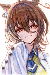 Rule 34 | 1girl, :3, agnes tachyon (umamusume), ahoge, animal ears, black necktie, black shirt, brown hair, chemical structure, closed mouth, coat, collared shirt, earrings, hair between eyes, hand up, highres, horse ears, horse girl, huge ahoge, jewelry, lab coat, medium hair, multiple girls, necktie, open clothes, open coat, red eyes, shirt, short necktie, simple background, single earring, solo, sweater, umamusume, white background, white coat, wolf cut, yellow sweater, yuika b1ue