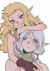 1boy 1girl arm_on_another&#039;s_head arm_on_another&#039;s_shoulder arm_rest bare_shoulders behind_another blonde_hair blush chest_tattoo chinese_commentary dungeon_meshi elf fleki gloves gorget green_eyes grey_hair grin hair_around_ear hair_tubes highres leaning_on_person long_hair looking_at_another looking_at_viewer low_twintails lycion notched_ear pointy_ears purple_eyes short_bangs simple_background single_glove sleeveless smile tattoo tolikoo tunic twintails white_background