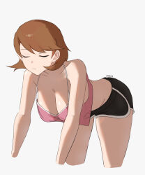 1girl alternate_costume bare_arms bare_legs bare_shoulders bent_over black_shorts breasts brown_hair cleavage closed_eyes closed_mouth crop_top cropped_legs dolphin_shorts flipped_hair hanging_breasts highres medium_breasts midriff n7grey persona persona_3 pink_shirt pink_tank_top shirt short_hair shorts simple_background sleeveless solo spaghetti_strap takeba_yukari tank_top thighs