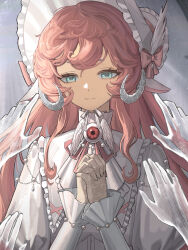 Rule 34 | 1girl, absurdres, alternate costume, aqua eyes, bonnet, bow, closed mouth, cropped, curled horns, disembodied hand, dress, eyeball, gloves, grey background, hands up, hat, hat bow, highres, horns, interlocked fingers, jiaolu chongzu, juliet sleeves, lace, lace gloves, long hair, long sleeves, looking at viewer, low horns, nautika (reverse:1999), neck ribbon, own hands together, pink bow, pink hair, pink ribbon, praying, puffy sleeves, reverse:1999, ribbon, see-through body, smile, solo, upper body, white dress, white hat, white horns