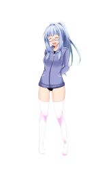 Rule 34 | 1girl, absurdres, alpha transparency, arms behind back, bikini, black bikini, blue hair, blue jacket, breasts, closed eyes, commentary request, full body, glasses, hair intakes, highres, jacket, kiki (koikuchikinako), kotonoha aoi, low-tied sidelocks, medium breasts, ponytail, psd available, sidelocks, solo, swimsuit, thighhighs, transparent background, voiceroid, white thighhighs