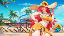 Rule 34 | bag, beach, beach umbrella, bikini, bird, blue ribbon, blue sky, bracelet, cloud, coconut tree, deck chair, elbow carry, flower, folding chair, gazebo, glass, handbag, hat, highres, jewelry, long hair, muscular, muscular female, necklace, ocean, official alternate costume, official art, palm tree, pearl necklace, poison (final fight), ribbon, seagull, shade, sky, smile, straw hat, street fighter, street fighter: duel, sunflower, surfboard, swimsuit, tree, umbrella, very long hair