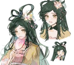 1girl absurdres chinese_clothes coat collarbone dress flower forehead green_hair hair_flower hair_ornament hair_rings hand_fan heziqun highres holding holding_fan long_hair luoshen_fu_tu_(wuhua_mixin) multiple_views parted_bangs pink_dress sia_di_gou simple_background transparent_fan white_background wuhua_mixin yellow_coat yellow_eyes yellow_flower