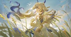 1girl absurdres arknights bare_shoulders bead_necklace beads beef_(artist) bird blonde_hair breasts chinese_hairpin closed_mouth collarbone dragon_girl dragon_horns dragon_tail earrings eastern_dragon_horns eastern_dragon_tail green_eyes highres horns jewelry long_hair medium_breasts necklace pointy_ears rice_(plant) shirt shu_(arknights) strapless strapless_shirt tail tassel tassel_earrings tube_top very_long_hair white_tube_top