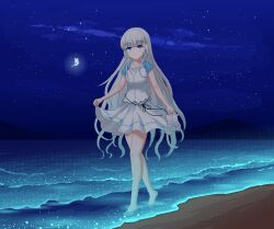 1girl a-pose animated animated_gif bare_legs barefoot beach blinking blue_eyes blunt_ends bug butterfly chinese_commentary closed_mouth commentary_request dress fuchuangzi_summerwind full_body glowing_butterfly hair_behind_ear hair_ornament hairclip holding holding_sandals insect long_hair looking_at_viewer looping_animation naruse_shiroha night night_sky ocean outdoors parallel_hairclips pixel_art ringed_eyes sandals shooting_star short_dress short_sleeves sidelocks signature skirt_hold sky smile soaking_feet solo split_mouth standing star_(sky) starry_sky summer_pockets very_long_hair white_dress white_hair