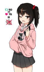 Rule 34 | 1girl, black skirt, brown eyes, brown hair, highres, hood, hoodie, looking at viewer, medium hair, multicolored hair, nanju bami, original, pink hoodie, shirt, simple background, skirt, socks, thighs, twintails, two-tone hair, white background, white shirt, white socks