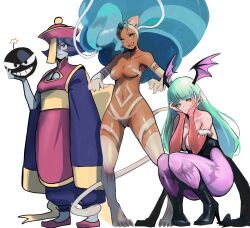 3girls animal_ears animal_print bat_print big_hair black_leotard blue_hair blue_skin blush_stickers bomb breasts bridal_gauntlets cat_ears cat_girl cat_tail china_dress chinese_clothes cleavage clothing_cutout colored_skin darkstalkers demon_girl dress explosive fangs felicia_(darkstalkers) grey_hair head_wings highleg highleg_leotard highres holding holding_bomb hsien-ko jiangshi large_breasts leotard long_hair long_sleeves looking_at_viewer low_wings medium_breasts meke_(77842928) morrigan_aensland multiple_girls pantyhose print_pantyhose purple_pantyhose short_hair tail talisman wings