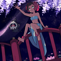 Rule 34 | 10s, 1girl, barefoot, dark skin, duskull, elite four, flower, gen 3 pokemon, hair flower, hair ornament, nintendo, phoebe (pokemon), pokemon, pokemon (creature), pokemon oras, short hair, strapless, tube top, ucchii