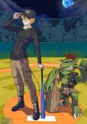 Rule 34 | 2boys, artcetona, baseball bat, baseball cap, black shirt, blonde hair, brown pants, brown vest, colored skin, commission, digimon, digimon (creature), full body, full moon, goblin, goburimon, green skin, hat, holding, holding baseball bat, male focus, mohawk, moon, multiple boys, night, pants, pointy ears, red hair, shirt, short hair, standing, vest