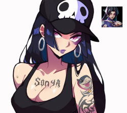1girl bare_shoulders black_hair breasts earrings hat jeff_(marvel) jewelry large_breasts long_hair looking_at_viewer marvel marvel_rivals psylocke purple_eyes solo sonyashh tattoo x-men