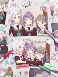 &gt;_o 3girls :d ;o ^_^ annotation_request aqua_neckerchief bird black_choker blush brown_dress brown_hair cat character_logo chicken choker closed_eyes color-coded colored_inner_hair commentary comparison doodle_inset dress flower fujishima_megumi green_eyes grey_hair hair_bun hair_flower hair_intakes hair_ornament hairclip hanamiya_nina_(style) hasu_no_sora_school_uniform heart highres hug kyaku_tasu light_frown link!_like!_love_live! long_sleeves looking_at_viewer love_live! low_ponytail multicolored_hair multiple_girls neckerchief o-ring o-ring_choker official_alternate_hairstyle ogami_sachi one_eye_closed open_mouth otomune_kozue parted_lips partially_annotated pen photo_(object) pink_eyes ponytail purple_eyes purple_hair red_flower red_hair sailor_collar sailor_dress school_uniform short_hair side_ponytail sidelocks single_side_bun smile star_(symbol) streaked_hair teeth translation_request two_side_up upper_teeth_only virtual_graduation_commemoration virtual_youtuber washi_tape_(object) watermark watermark_grid white_sailor_collar winter_uniform yugiri_tsuzuri