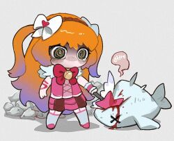 1girl @_@ blood bow chibi e.g.o_(project_moon) flaw_eight freckles full_body gradient_hair hair_bow in_the_name_of_love_and_hate_(e.g.o) ishmael_(project_moon) limbus_company lobotomy_corporation long_hair magical_girl multicolored_hair orange_hair pink_shoes pink_skirt pink_vest project_moon shaded_face shoes skirt solo the_pallid_whale thighhighs two_side_up very_long_hair vest white_bow white_thighhighs you&#039;re_doing_it_wrong