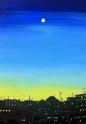 absurdres blue_sky city city_lights cityscape gradient_sky highres ibsukionsen moon night night_sky no_humans original outdoors power_lines scenery sky skyline traditional_media utility_pole yellow_sky