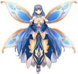 1girl artist_request bad_source bare_shoulders blue_eyes blue_hair breasts cleavage collar detached_sleeves dress full_body game_cg light_smile official_art own_hands_together sariette_(sennen_sensou_aigis) sennen_sensou_aigis solo third-party_source transparent_background wings