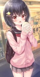1girl ahoge backpack bag steamed_bun black_bag black_hair black_sailor_collar black_skirt blush cardigan crossed_bangs food hair_ornament hairclip highres holding holding_food long_sleeves looking_at_viewer medium_hair miniskirt neckerchief open_mouth original outdoors pink_cardigan pleated_skirt raised_eyebrow red_eyes red_neckerchief road sailor_collar shop sidelocks skirt sleeves_past_wrists standing star_(symbol) star_hair_ornament street sweatdrop tyutaka0427