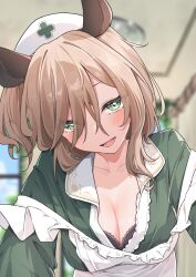 Rule 34 | 1girl, :d, absurdres, airenif, animal ears, apron, black bra, blurry, blurry background, bra, bra peek, breasts, brown hair, cleavage, close-up, contrast collar, dress, frilled apron, frills, green dress, green eyes, hat, highres, indie virtual youtuber, indoors, lace, lace-trimmed bra, lace trim, large breasts, long sleeves, looking at viewer, nimi nightmare, nurse, nurse cap, one side up, open mouth, smile, solo, swept bangs, tapir ears, tapir girl, underwear, upper body, virtual youtuber, white apron