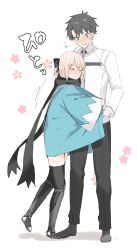 1boy 1girl ^^^ ahoge aqua_haori black_bow black_hair black_pants black_scarf black_thighhighs blonde_hair blush bow chaldea_uniform cherry_blossoms closed_eyes closed_mouth commentary_request danimaru double-parted_bangs fate/grand_order fate_(series) flustered fujimaru_ritsuka_(male) full_body green_eyes hair_bow haori highres hug japanese_clothes koha-ace looking_at_another okita_souji_(fate) okita_souji_(koha-ace) open_mouth pants pulling_own_clothes scarf shadow shirt short_hair sidelocks simple_background small_sweatdrop standing stirrup_legwear thighhighs toeless_legwear translation_request triangle_mouth warming white_background white_shirt zettai_ryouiki