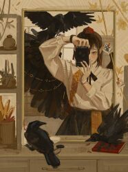 1girl bird bird_wings black_bird black_bow black_bowtie black_hair black_skirt black_wings book bow bowtie brown_eyes camera crow hat hatsburg highres holding holding_camera looking_at_mirror mirror mirror_selfie pointy_ears red_hat reflection selfie shameimaru_aya shirt skirt tokin_hat touhou white_shirt wings