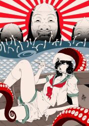 Rule 34 | 1girl, anchor, anchor symbol, boat, disembodied hand, feet out of frame, green sailor collar, hat, highres, hishaku, japanese clothes, licking, looking at viewer, midriff, murasa minamitsu, ocean, octopus, reclining, ripples, sailor, sailor collar, sailor hat, sailor shirt, school uniform, serafuku, shirt, shorts, signature, socks, sunburst, tentacles, touhou, triangular headpiece, watercraft, wave print, wet, wet hair, white shorts, yamada satoshi