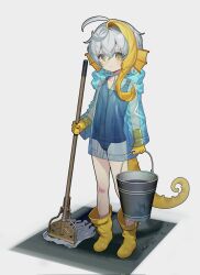 0_o_s_k 1girl ahoge blue_one-piece_swimsuit blue_raincoat boots broom bucket closed_mouth commentary covered_navel fins fish_girl fish_tail flat_chest full_body grey_hair head_fins highres holding holding_broom holding_bucket hood hood_down long_sleeves one-piece_swimsuit original raincoat rubber_boots see-through_clothes see-through_raincoat short_hair simple_background solo standing swimsuit tail white_background yellow_boots yellow_eyes