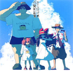2boys 2girls absurdres alternate_costume bell black_eyes black_hair black_necktie blue_sky bow breasts brown_hat brown_sandals brown_shorts closed_eyes closed_mouth cloud commentary_request cookie_(touhou) creaf_(cookie) day dress empty_eyes flip-flops frilled_hair_tubes frills full_body hair_bell hair_ornament hair_tubes hakurei_reimu hat hat_bow highres jingle_bell large_breasts long_hair looking_at_viewer manatsu_no_yo_no_inmu motoori_kosuzu muimui_(4242564muimui) multiple_boys multiple_girls necktie necktie_dekasugi nikutai_ha_ojarumaru noel_(cookie) open_mouth outdoors pink_hair red_bow red_eyes sandals shirt shoes short_hair shorts sky sleeveless sleeveless_dress smile standing sun_hat sunglasses t-shirt touhou translation_request white_dress white_shirt white_shoes