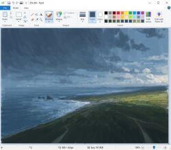 Rule 34 | art program in frame, christian young, cloud, cloudy sky, commentary, day, grass, horizon, landscape, microsoft paint (medium), microsoft paint (software), no humans, original, outdoors, painterly, rock, scenery, shore, sky