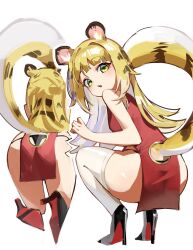 1girl absurdres alternate_costume animal_ears ass ass_focus bare_arms bare_shoulders black_panties black_shoes blonde_hair china_dress chinese_clothes clothing_cutout colored_inner_hair dress from_behind green_eyes hashtag-only_commentary high_heels highres ju_fufu long_hair looking_at_viewer multicolored_hair multiple_views panties ppangchil red_dress shoes sleeveless sleeveless_dress squatting striped_hair tail tail_through_clothes thighhighs thong tiger_ears tiger_girl tiger_tail underwear white_hair white_thighhighs zenless_zone_zero
