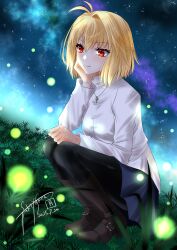 1girl absurdres ahoge antenna_hair arcueid_brunestud between_legs black_thighhighs blonde_hair blue_skirt blush boots breasts fireflies full_body grass hand_between_legs hand_on_own_face highres jewelry large_breasts long_sleeves looking_at_fireflies nature necklace night night_sky outdoors pantyhose red_eyes short_hair single_hair_intake skirt sky smile solo sorano_tsukiyo squatting star_(sky) starry_sky sweater thighhighs tsukihime turtleneck type-moon_heroines white_sweater