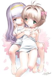 1990s_(style) 2girls bad_id bad_pixiv_id barefoot blush brown_hair cardcaptor_sakura daidouji_tomoyo feet flat_chest hairband highres kinomoto_sakura loli long_hair multiple_girls naughty_face nipples panties pantyshot purple_hair retro_artstyle sekihan short_hair underwear yuri