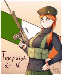 1girl absurdres ar-18 assault_rifle badge beret black_sweater blush breasts chest_rig facial_scar flag fluffkaiser freckles furrowed_brow green_eyes green_skirt gun hair_over_shoulder hair_tie hand_on_own_hip hat hat_ornament highres holding holding_gun holding_weapon insignia ireland irish_flag irish_republican_army irish_text large_breasts long_hair long_sleeves looking_at_viewer looking_to_the_side low_ponytail military military_uniform orange_hair original pleated_skirt ponytail pouch ribbed_sweater rifle scar scar_on_cheek scar_on_face signature skirt smile solo sweater trigger_discipline turtleneck upper_body weapon
