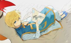 Rule 34 | 1boy, absurdres, blonde hair, blue eyes, blue shoes, blue tabard, closed mouth, full body, highres, holding, hunter x hunter, knees up, kurapika, legs together, long sleeves, looking at viewer, lying, male focus, on back, pants, shirt, shoes, short hair, tabard, white pants, white shirt, wz (woyzeck)