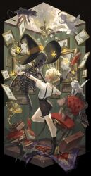 1boy angel animal black_shorts blonde_hair book carpet cat chair cherub demon full_body hat high_heels highres indoors male_focus momomo_906 original picture_frame shirt short_hair shorts skeleton solo suspender_shorts suspenders white_shirt witch_hat yellow_eyes