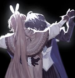 2girls backlighting ballroom_dancing black_background black_gloves black_sleeves blue_cape blue_hair brown_capelet brown_cloak brown_gloves brown_hair cape capelet chain chain_headband cloak dancing feather_hair_ornament feathers from_behind gloves glowing hair_ornament hand_on_another&#039;s_back head_on_another&#039;s_shoulder highres holding_hands hololive hololive_english hood hooded_cloak long_hair meloverobin multiple_girls nanashi_mumei nanashi_mumei_(1st_costume) ouro_kronii ouro_kronii_(1st_costume) pinstripe_pattern ponytail shirt very_long_hair virtual_youtuber white_shirt yuri