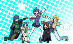 Rule 34 | 1girl, 4boys, ashton anchors, blonde hair, blue hair, brown hair, claude c. kenny, dias flac, dragon, gradient background, hare hare yukai, lab coat, leon geeste, male focus, multiple boys, parody, rena lanford, skirt, star ocean, star ocean the second story, suzumiya haruhi no yuuutsu, white background
