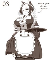 black_choker black_eyes breasts buttons choker cleavage_cutout clothing_cutout dress gloves highres holding holding_plate large_breasts made_in_abyss maid ozen plate short_hair smugbuns solo thighhighs thighs tight_clothes tight_dress