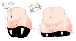 1girl banned_artist black_thighhighs closed_mouth commentary cropped_legs cropped_torso curvy english_commentary english_text hanaarts heart hip_focus navel no_panties original simple_background skindentation smile solo thighhighs white_background