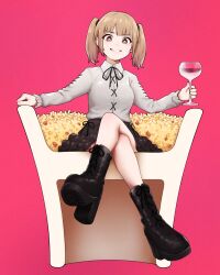 1girl alcohol beans bento black_boots black_ribbon black_skirt boots breasts bright_pupils brown_eyes brown_hair collared_shirt commentary crossed_legs cup cut-away dress_shirt drinking_glass food frilled_sleeves frills full_body highres in_food long_sleeves looking_at_viewer medium_breasts medium_hair mini_person minigirl neck_ribbon original parted_lips platform_boots platform_footwear red_background red_wine ribbon rice shirt sidelocks sitting skirt smile solo twintails white_pupils white_shirt wine wine_glass yajirushi_(chanoma)