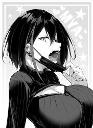 1girl black_nails breasts earrings fangs greyscale gyaru highres jewelry large_breasts looking_at_viewer mask mask_pull medium_hair meme_attire monochrome mouth_mask open-chest_sweater original oriue_wato solo sweater upper_body