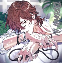 Rule 34 | 1boy, absurdres, adam&#039;s apple, arms on table, blurry, blurry background, bracelet, brown hair, cable, collarbone, controller, grey eyes, hair between eyes, highres, holding, holding remote control, jewelry, kotobuki reiji, light particles, looking at viewer, luonnem, male focus, multiple rings, parted lips, plant, profile, remote control, ring, shirt, short hair, sideways glance, smile, solo, song name, table, upper body, uta no prince-sama, wet, white shirt, window