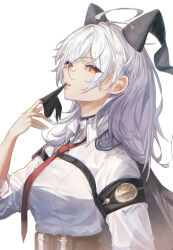 1girl absurdres armband biting biting_glove black_armband black_gloves black_horns black_jacket breasts chromatic_aberration commentary_request curled_horns gloves highres horns jacket jacket_on_shoulders large_breasts leom long_hair necktie orange_eyes parted_lips partial_commentary red_necktie shirt shirt_tucked_in simple_background solo upper_body white_background white_hair white_shirt wuthering_waves zani_(wuthering_waves)