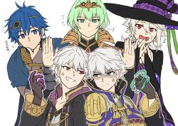 5boys anger_vein black_coat black_gloves black_hat blue_eyes blue_hair bridal_gauntlets brown_eyes coat fire_emblem fire_emblem_heroes gloves gold_tiara green_eyes green_hair grey_hair grima_(fire_emblem) hand_up hat highres magic male_byleth_(enlightened)_(fire_emblem) male_byleth_(fire_emblem) male_byleth_(the_fodlan_star)_(fire_emblem) male_corrin_(fire_emblem) male_corrin_(halloween)_(fire_emblem) male_kris_(fire_emblem) male_kris_(plegian)_(fire_emblem) male_robin_(exalt&#039;s_other_half)_(fire_emblem) male_robin_(fire_emblem) multiple_boys mystical_high_collar nintendo open_mouth red_eyes short_hair teeth tiara wizard_hat zuzu_(ywpd8853)